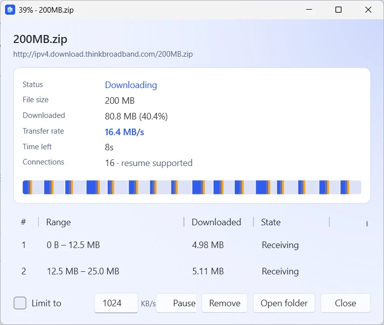 A download's details: 200 MB file at 40 percent, 16.4 MB/s, 16 connections, with a ribbon of 16 lanes.